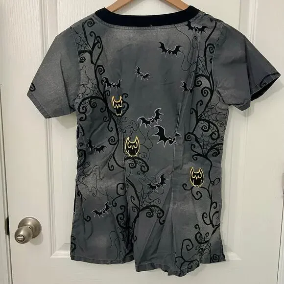Uniform Advantage UA Scrubs | Halloween Haunted Night Black Top | Gray | Medium - Picture 2 of 2